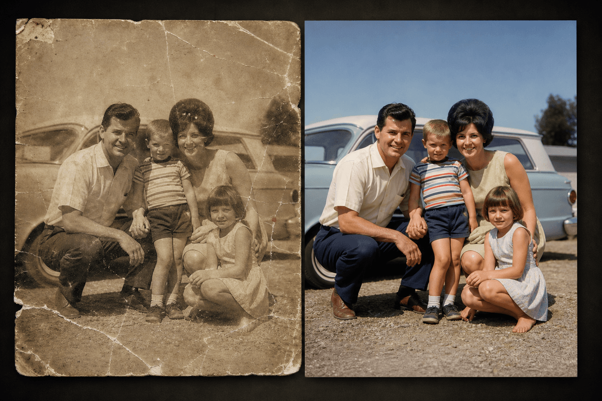 AI old photo restoration before and after